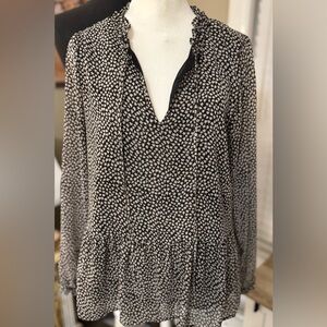 LOFT Black Floral Ruffle V Neck Peplum Blouse Long Sleeve Size Small